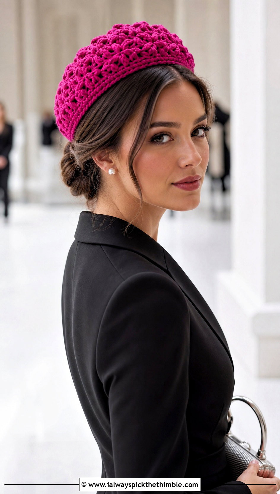 Crochet Pillbox Hat With Blazer Dress - 20 crochet women's hat outfit ideas