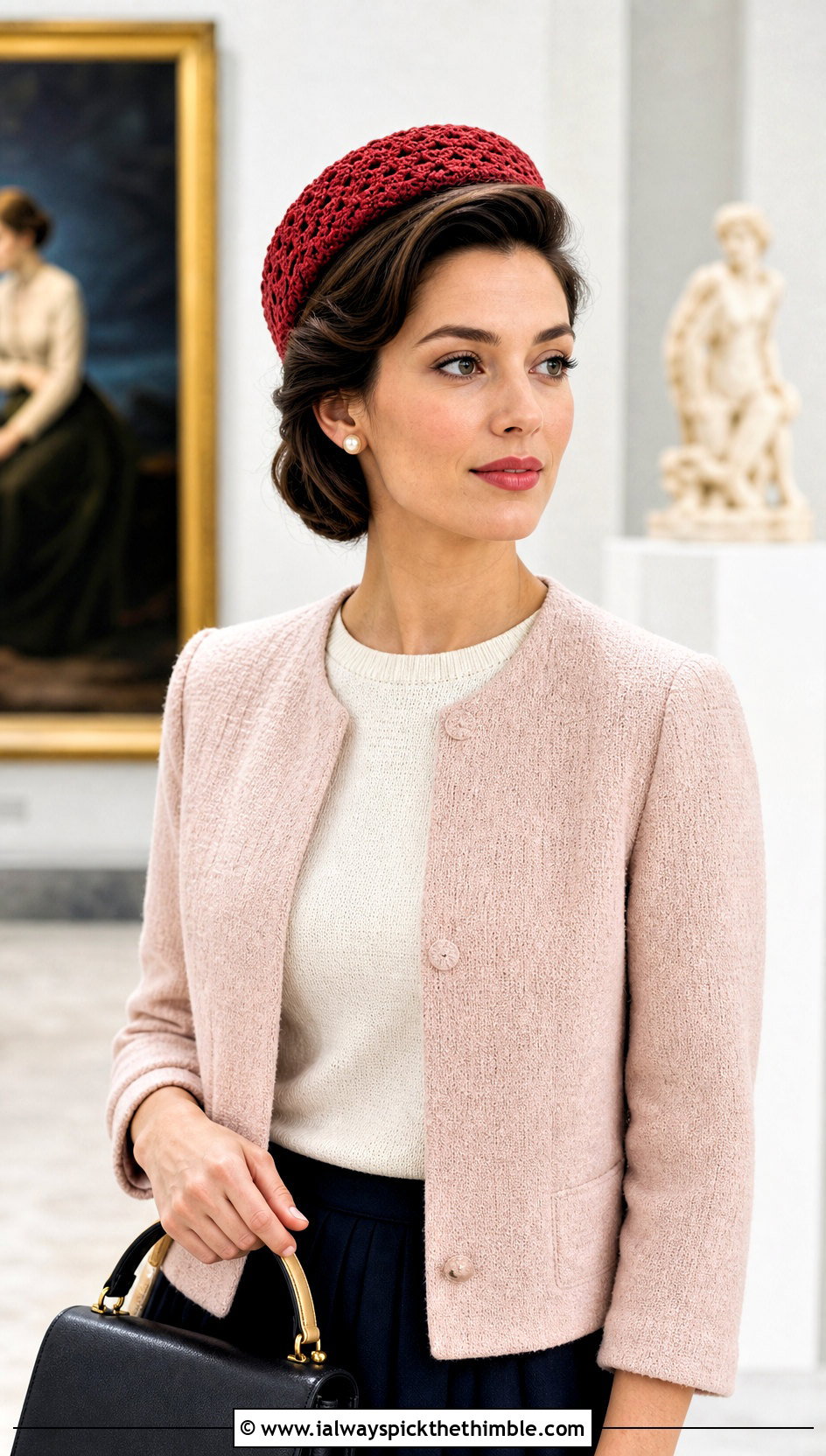 Crochet Pillbox Hat With Boxy Jacket And Midi Skirt - 20 crocheted hat outfit ideas