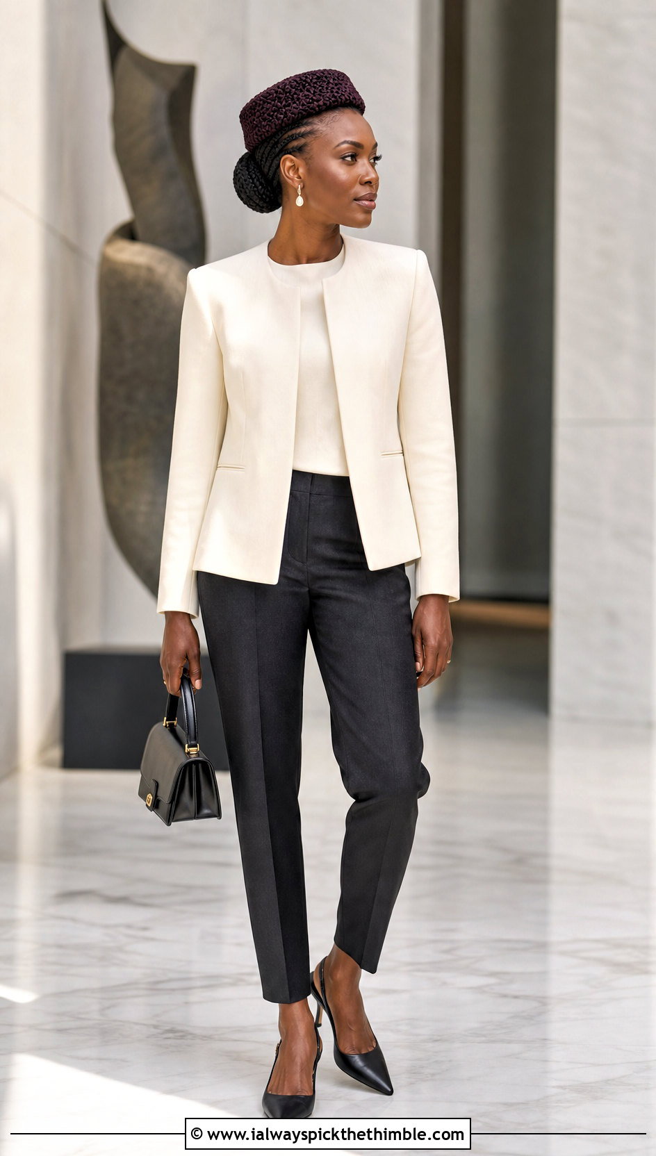 Crochet Pillbox Hat With Collarless Blazer - 20 crochet hats black women outfit ideas