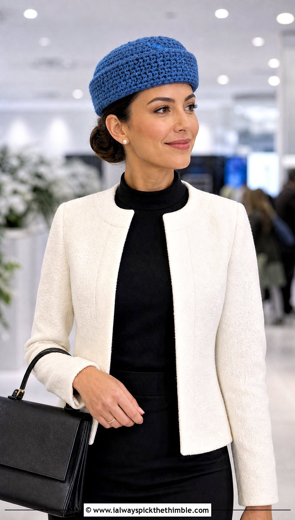 Crochet Pillbox Hat With Collarless Jacket And Pencil Skirt - 20 Wool Crochet Hat outfit ideas