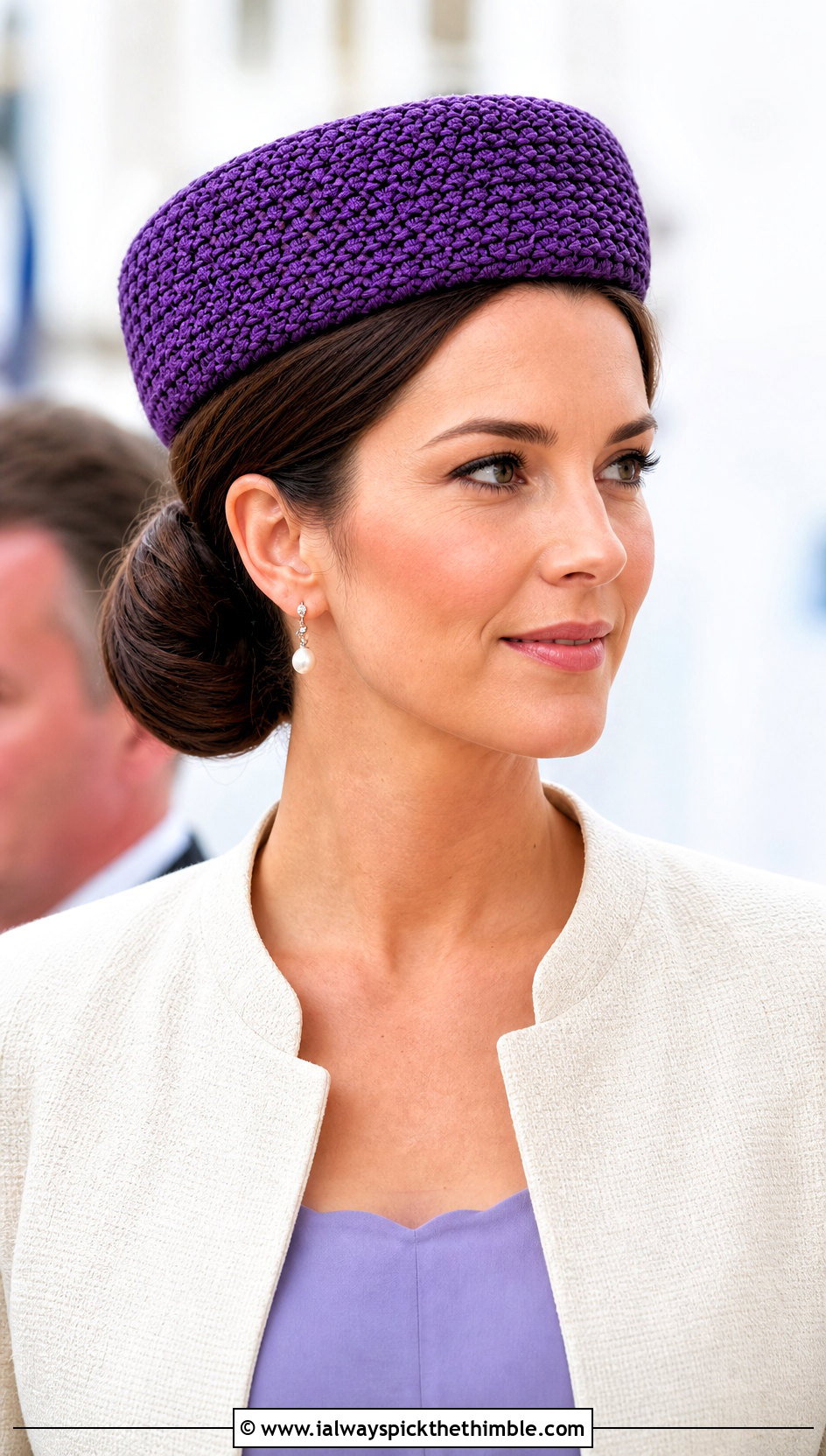 Crochet Pillbox Hat With Collarless Jacket and Pencil Skirt - 25 crochet adult hats outfit ideas