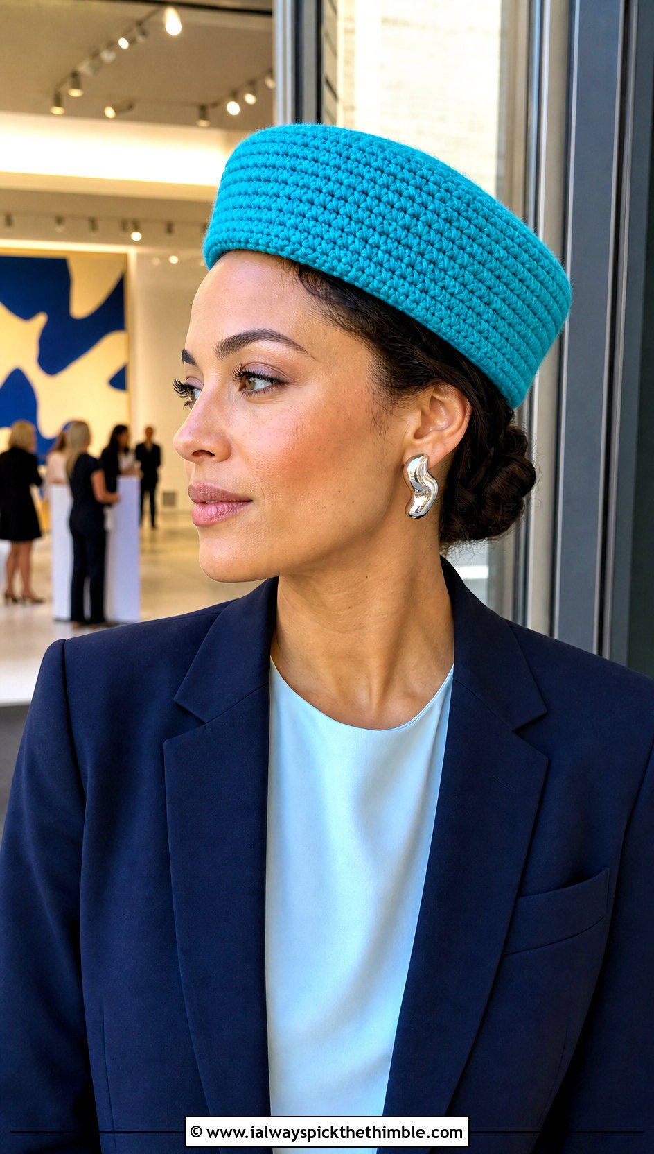Crochet Pillbox Hat With Minimalist Pantsuit - 15 Crochet Crowd Hat outfit ideas