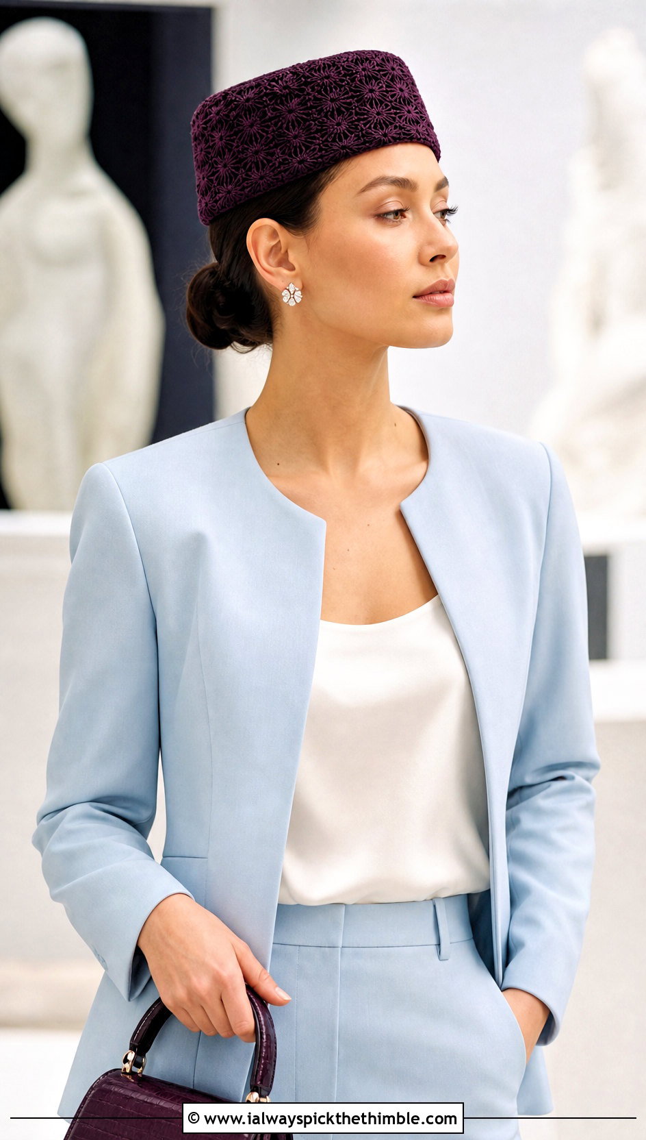 Crochet Pillbox Hat With Minimalist Suit - 20 Women Crochet Hats outfit ideas