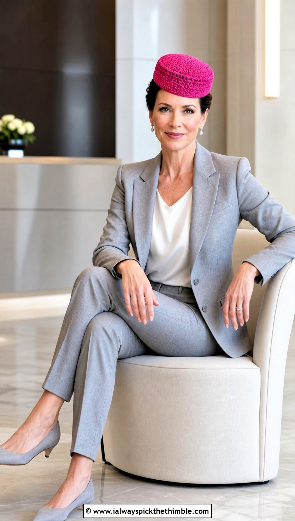 Crochet Pillbox Hat With Tailored Suit - 25 easy crochet hat outfit ideas