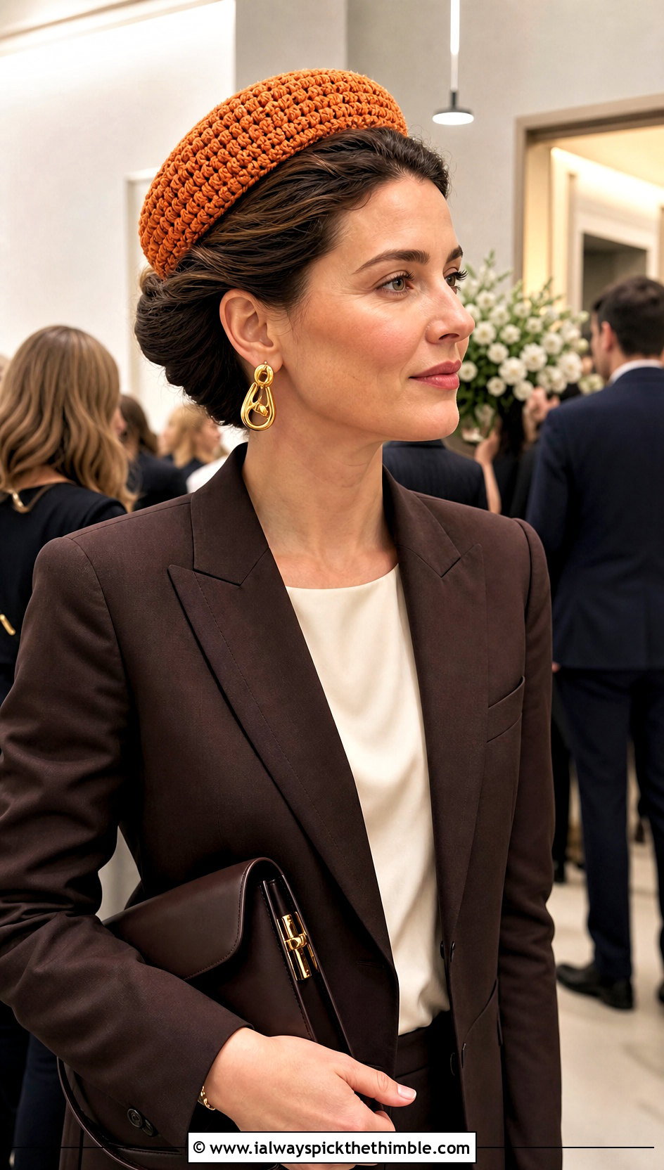 Crochet Pillbox Hat With Tailored Suit - 25 crochet hat for women outfit ideas