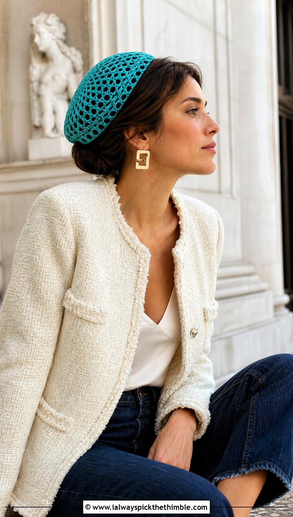 Crochet Pillbox Net Hat With Tweed Jacket - 20 crochet net hat outfit ideas