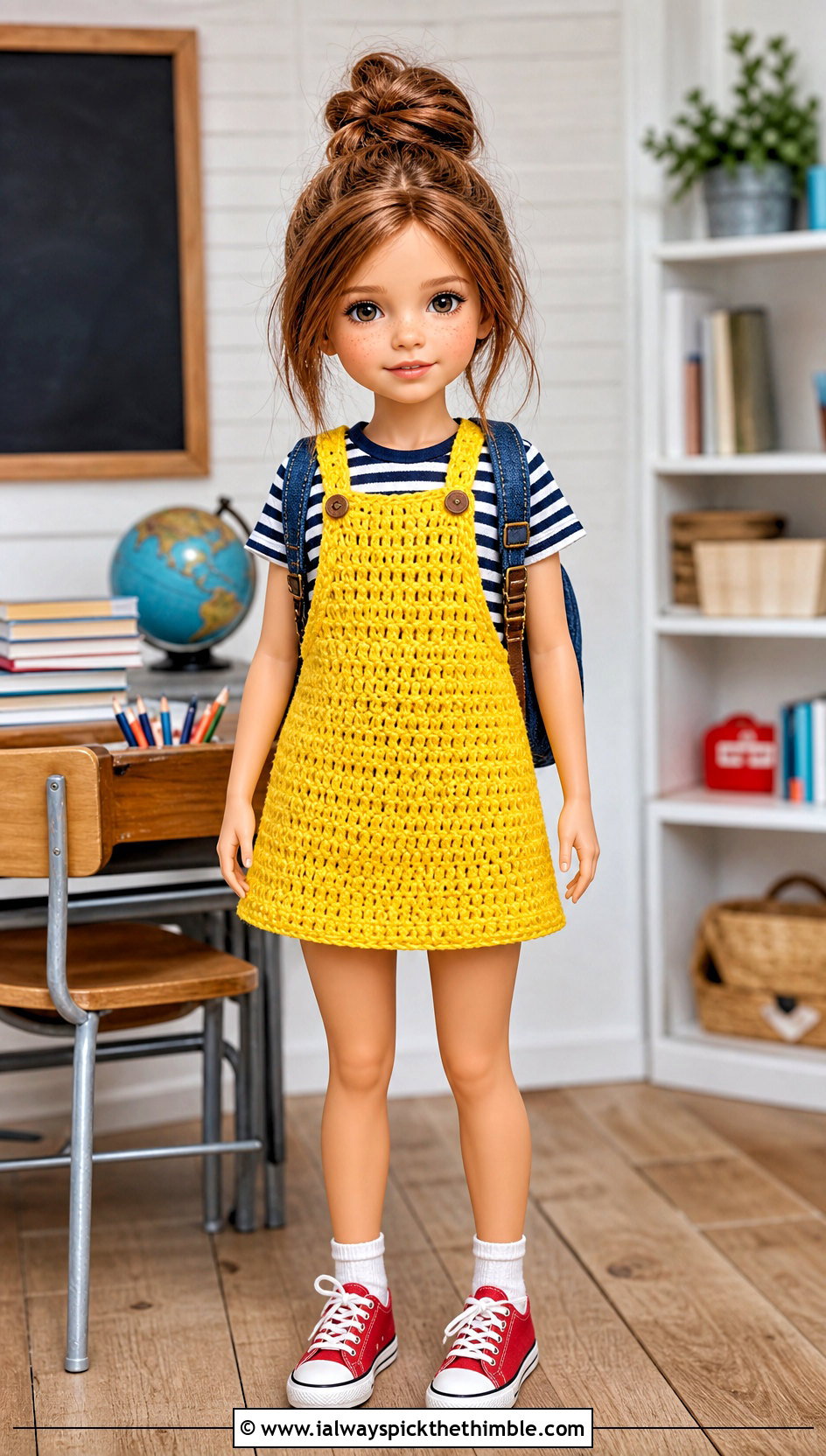 Crochet Pinafore Doll Dress With Striped Shirt - 20 Dolls Crochet Clothes and outfit ideas