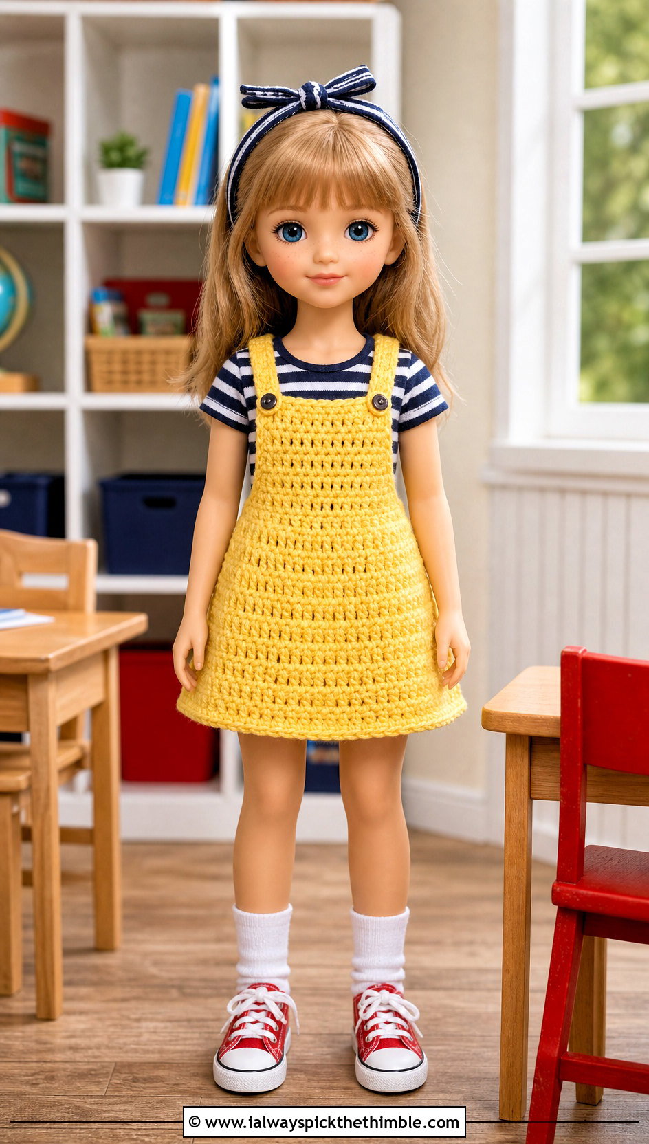 Crochet Pinafore Doll Dress With Striped T Shirt - 20 Crochet Small Doll Clothes and outfit ideas
