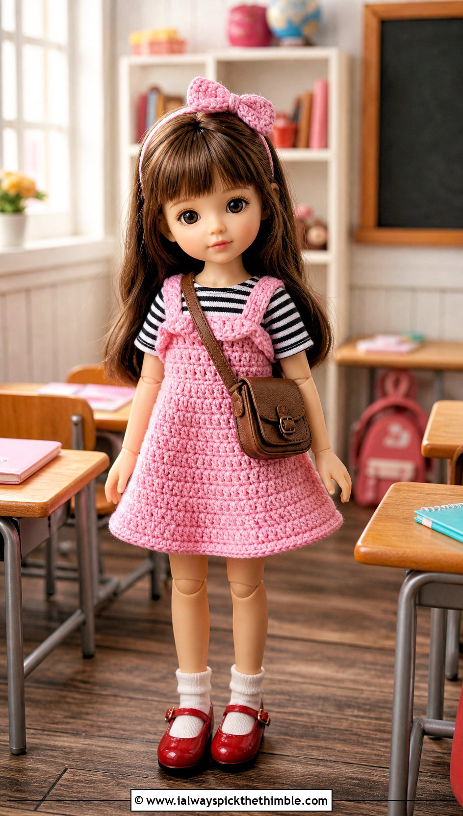 Crochet Pinafore Doll Dress With Striped T Shirt - 20 Crochet Mini Doll Clothes and outfit ideas