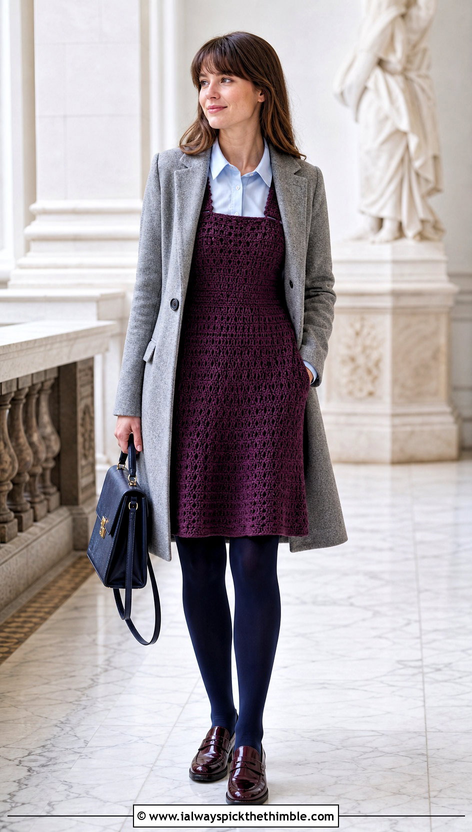 Crochet Pinafore Dress With Button Down Shirt - 20 crochet dress for winter outfit ideas