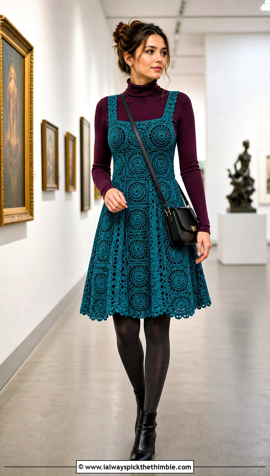 Crochet Pinafore Dress With Fitted Turtleneck - 25 vintage crochet dress outfit ideas