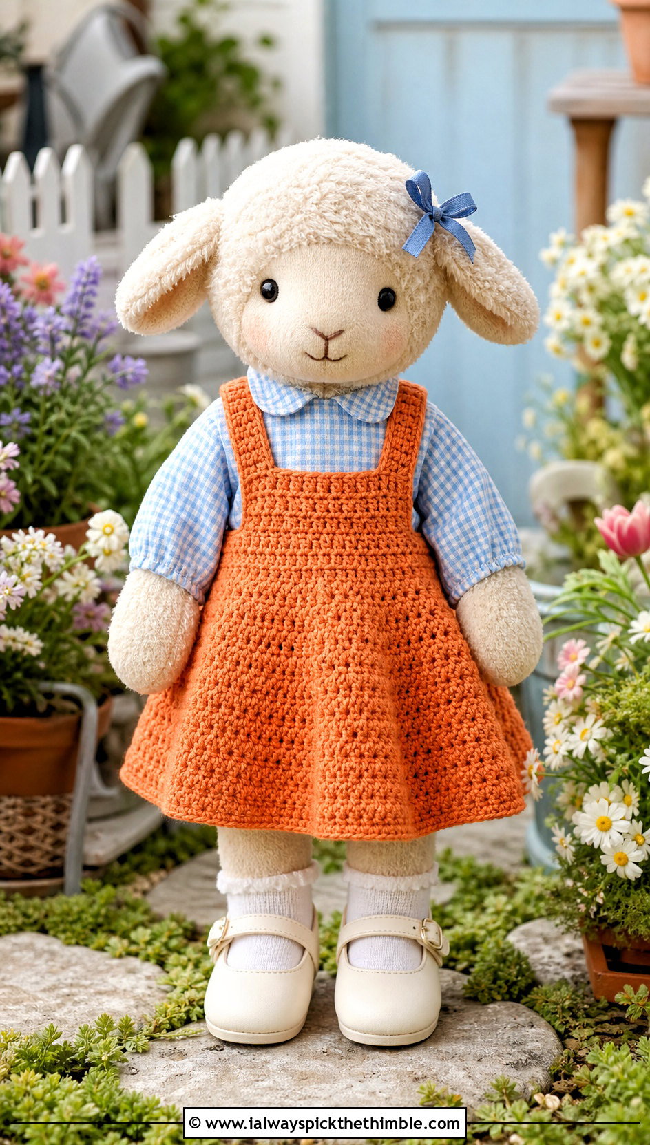 Crochet Pinafore Dress With Gingham Blouse - 25 crochet clothes for stuffed animals outfit ideas
