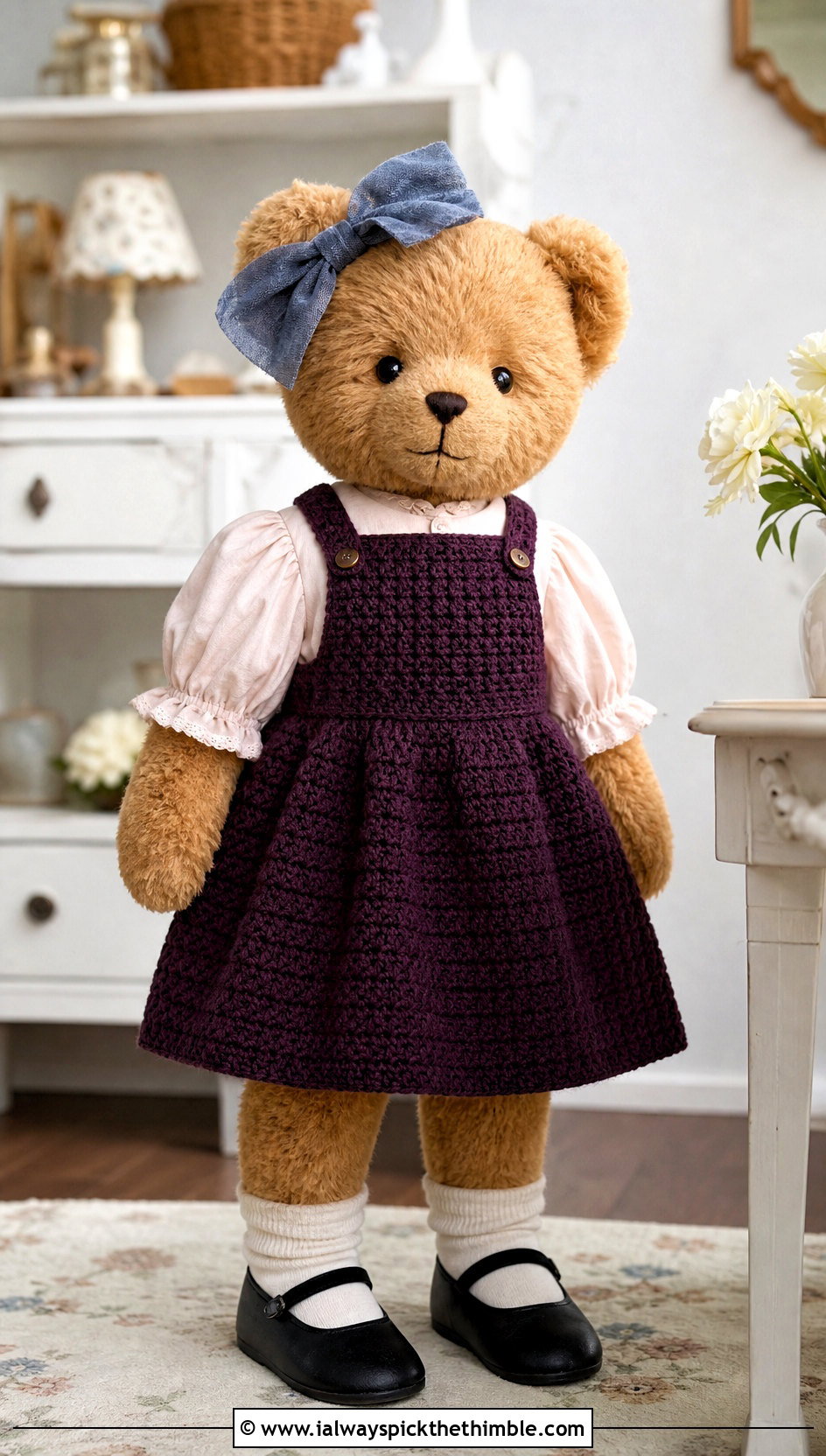 Crochet Pinafore Dress With Puff Sleeve Blouse - 25 crochet teddy clothes and outfit ideas