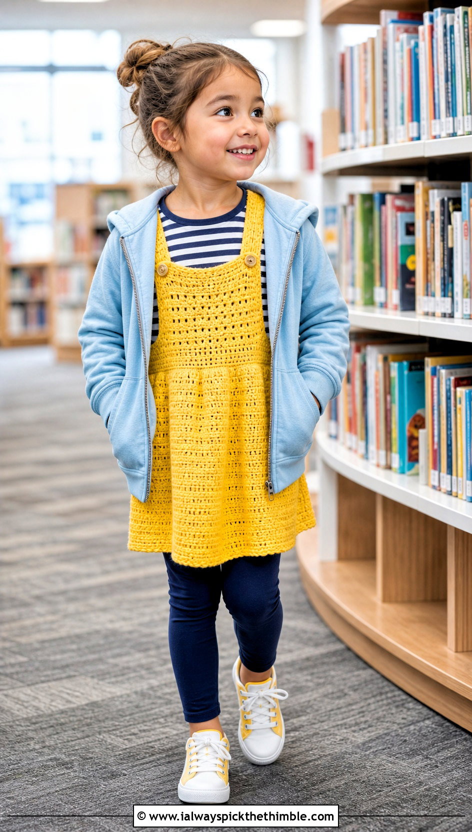 Crochet Pinafore Dress With Striped T Shirt - 15 Crochet Childs Dress outfit ideas