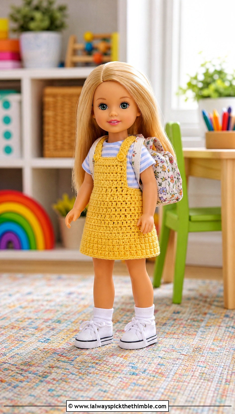 Crochet Pinafore Dress With Striped Tee - 15 Crochet Kelly Doll Clothes and outfit ideas