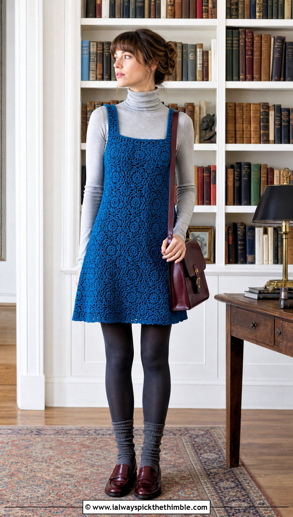 Crochet Pinafore Dress With Turtleneck And Loafers - 25 crocheted dress outfit ideas