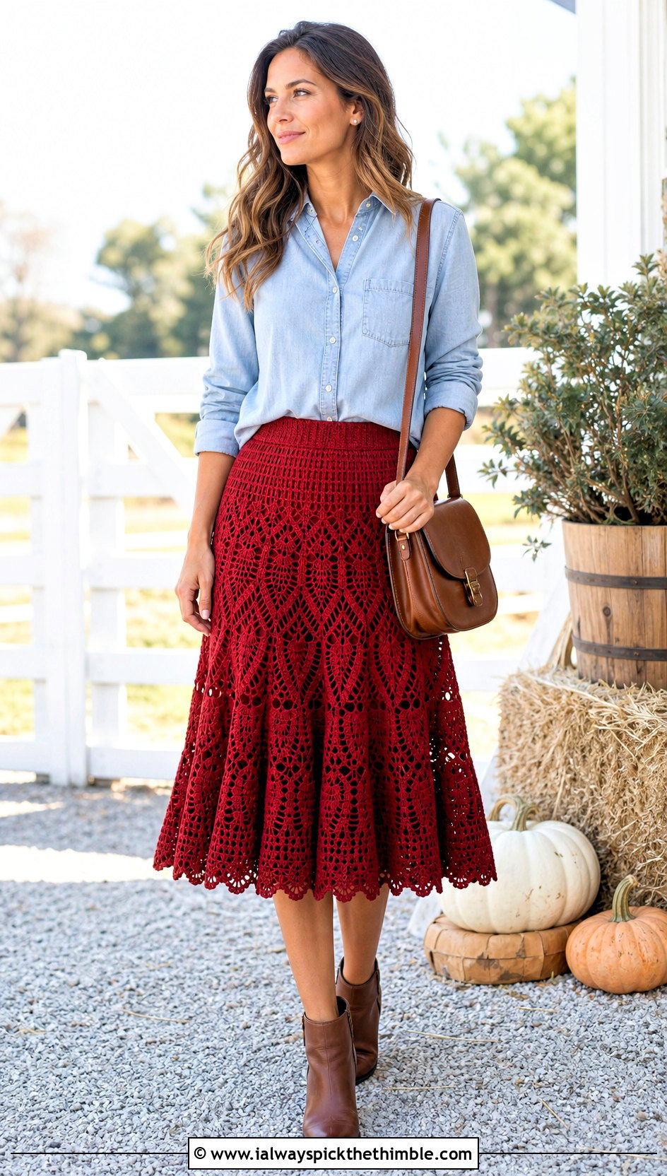Crochet Pineapple Flared Skirt With Chambray Shirt - 20 crochet pineapple skirt outfit ideas