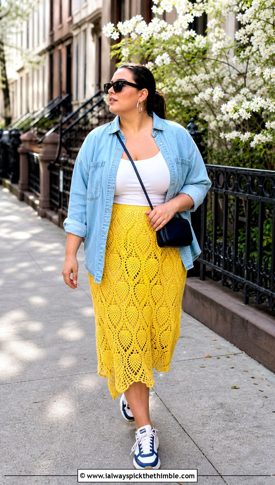 Crochet Pineapple Midi Skirt With Oversized Denim Shirt - 20 crochet pineapple skirt outfit ideas