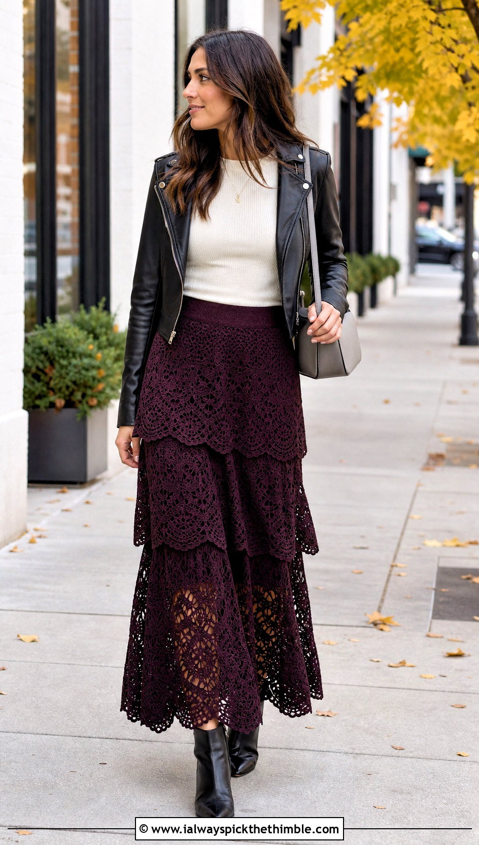 Crochet Pineapple Tiered Skirt With Leather Jacket - 20 crochet pineapple skirt outfit ideas
