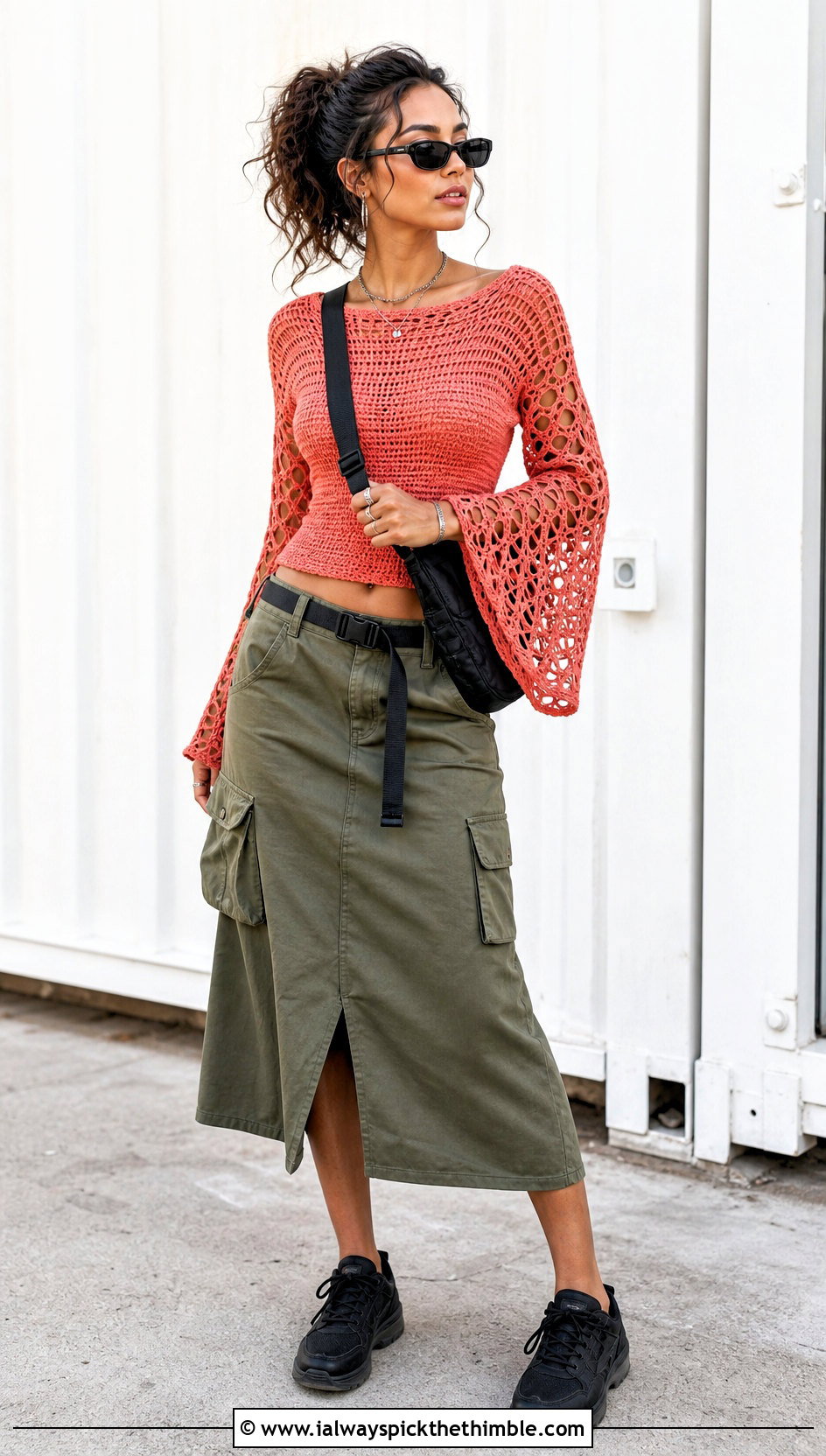 Crochet Pirate Bell Sleeve Top With Cargo Midi Skirt - 20 Pirate Crochet Clothes and outfit ideas
