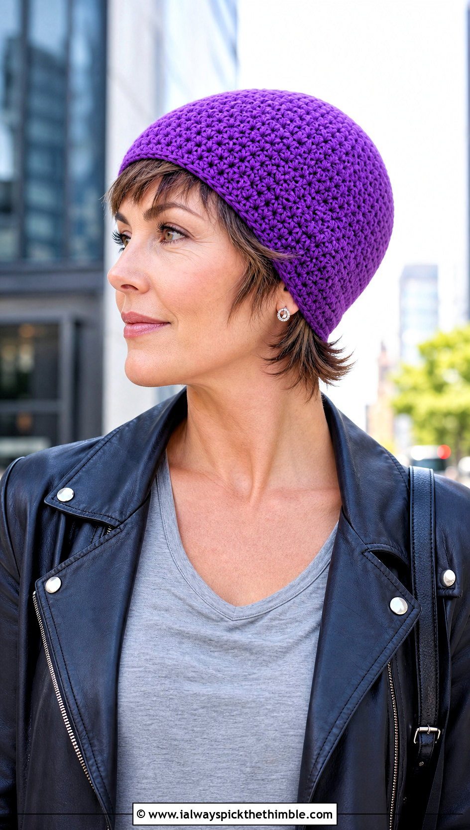 Crochet Pixie Chemo Cap With Short Hair And Leather Jacket - 15 crochet chemo hat with hair outfit ideas