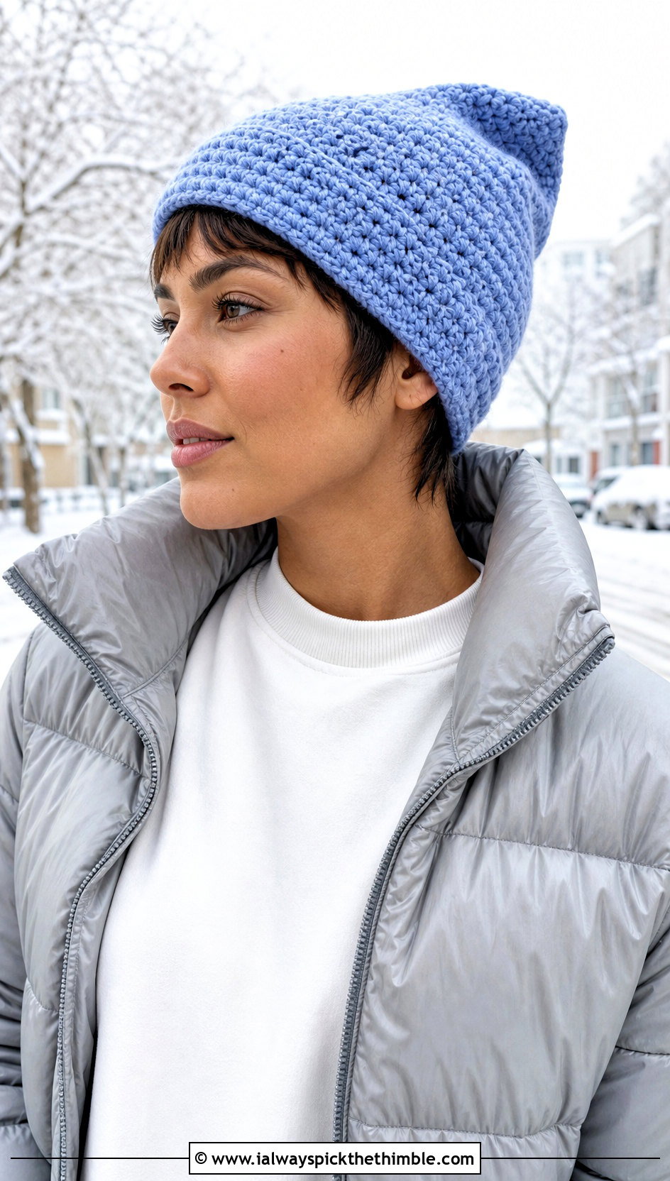 Crochet Pixie Hat With Puffer Jacket And Joggers - 20 Easy Crochet Hats For Beginners outfit ideas