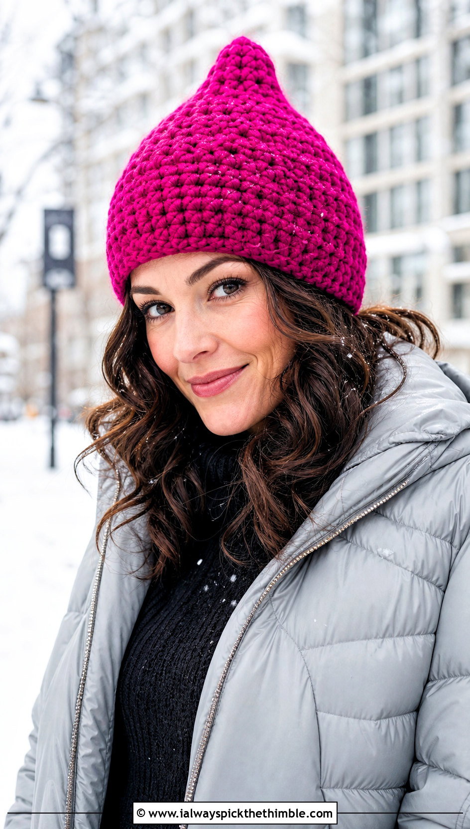 Crochet Pixie Hat With Puffer Jacket - 25 crochet hats outfit ideas