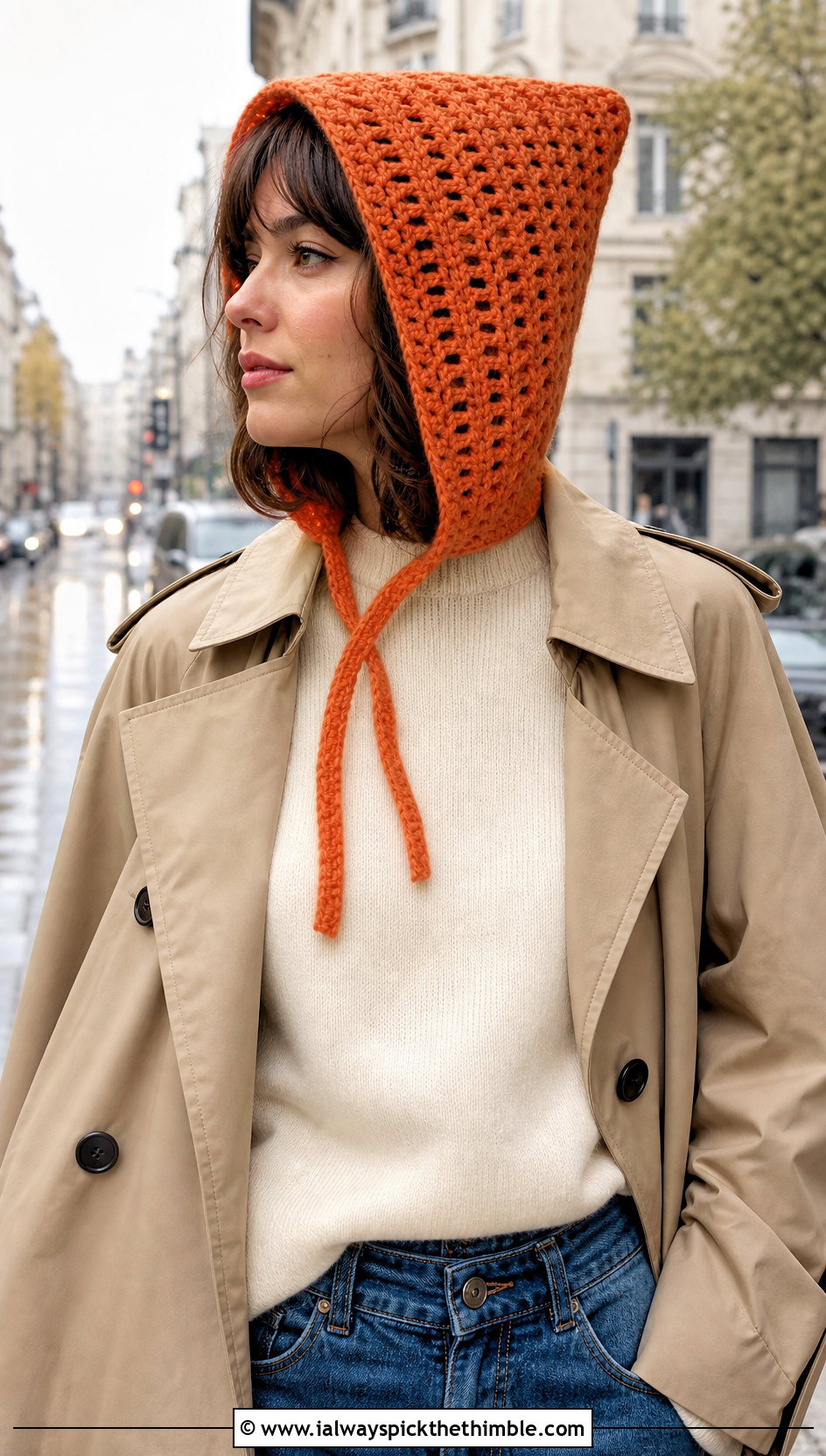 Crochet Pixie Hood With Trench Coat And Straight Leg Jeans - 20 Pointed Crochet Hat outfit ideas
