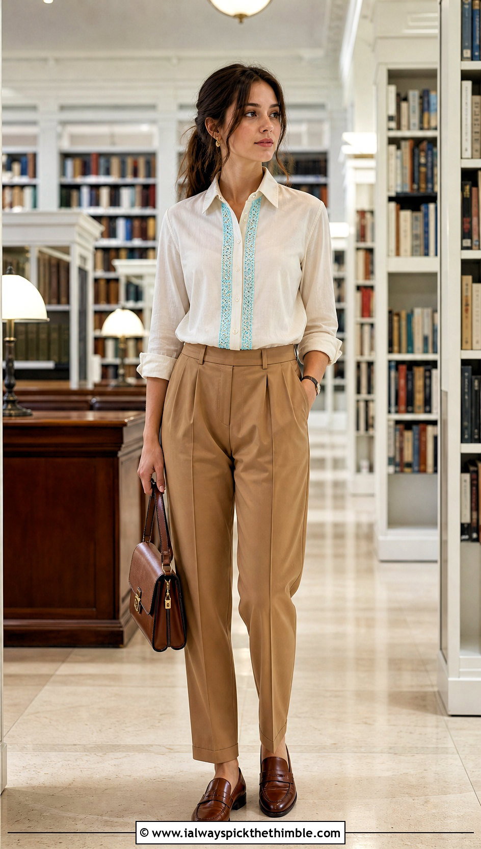 Crochet Placket Upcycled Shirt With Pleated Trousers - 20 Upcycle Shirt With Crochet outfit ideas
