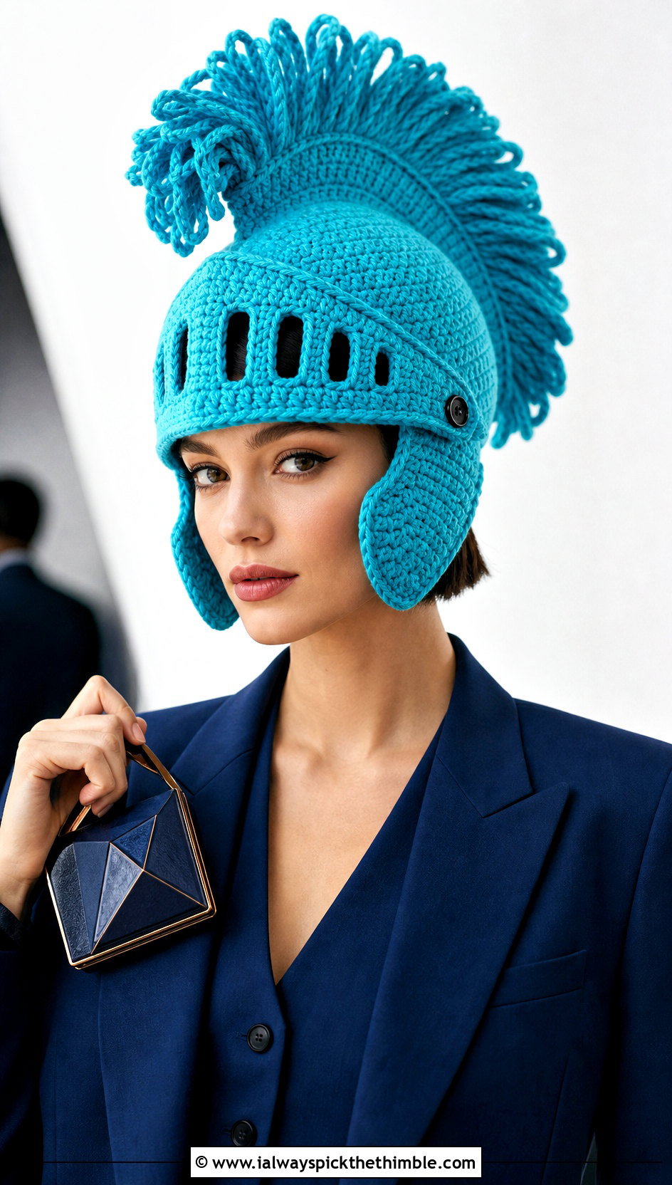 Crochet Plume Knight Helmet With Monochrome Suit - 15 Knight Crochet Hat outfit ideas