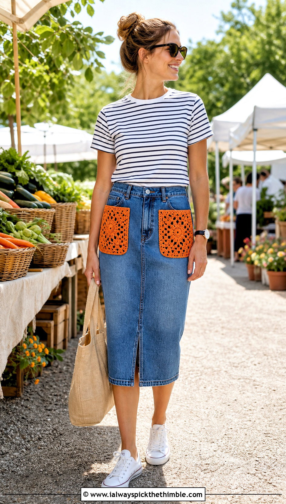 Crochet Pocket Denim Skirt With Striped T Shirt - 20 denim crochet skirt outfit ideas