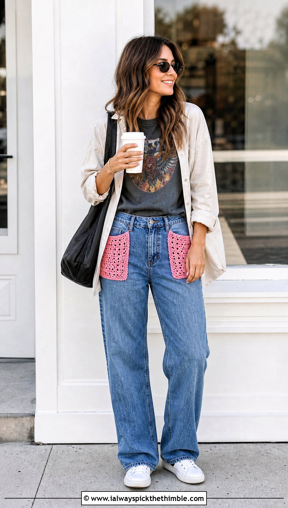 Crochet Pocket Relaxed Jeans With Graphic Tee - 20 crochet denim pants outfit ideas