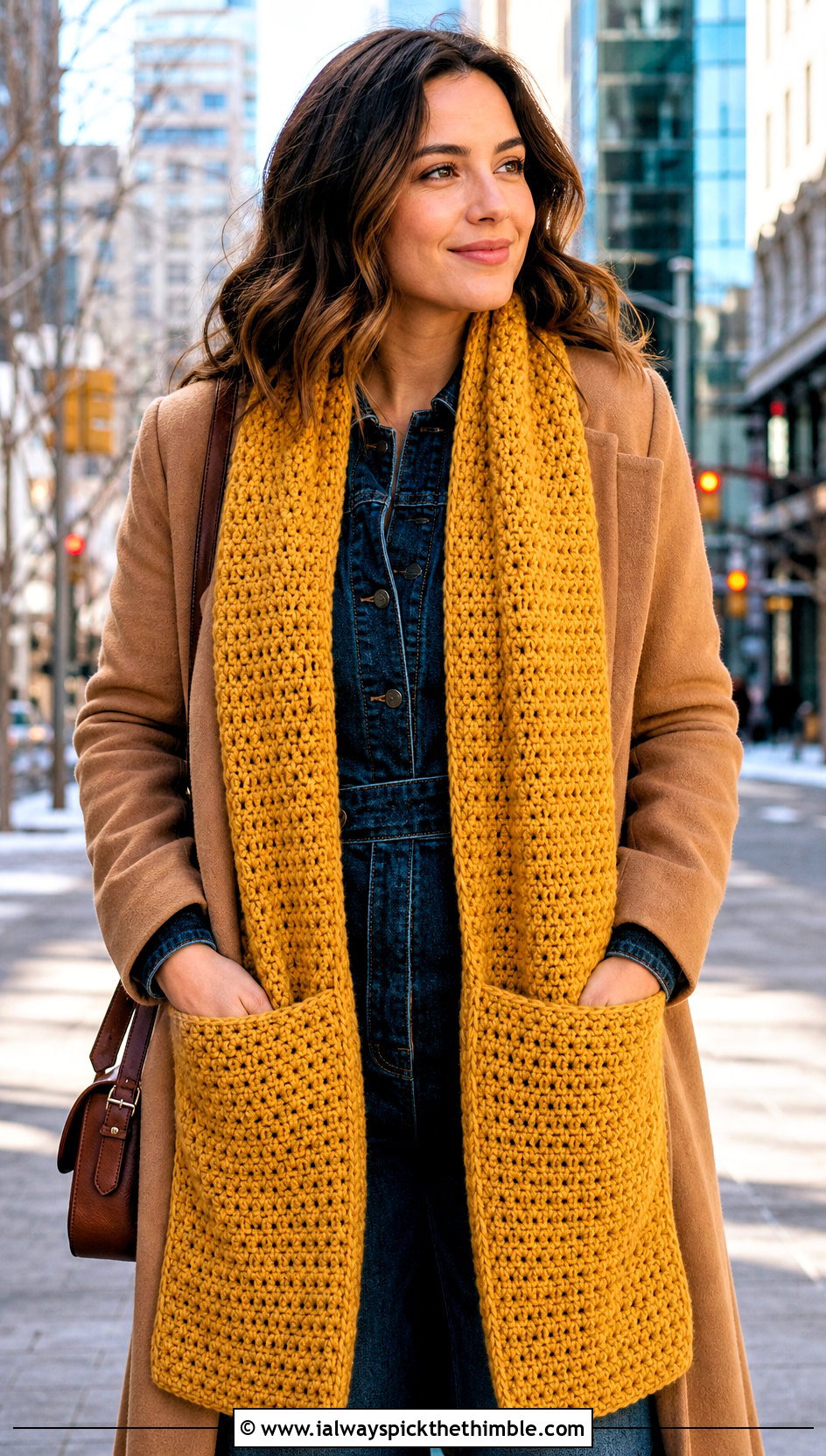 Crochet Pocket Scarf With Denim Jumpsuit - 25 crochet winter scarf outfit ideas