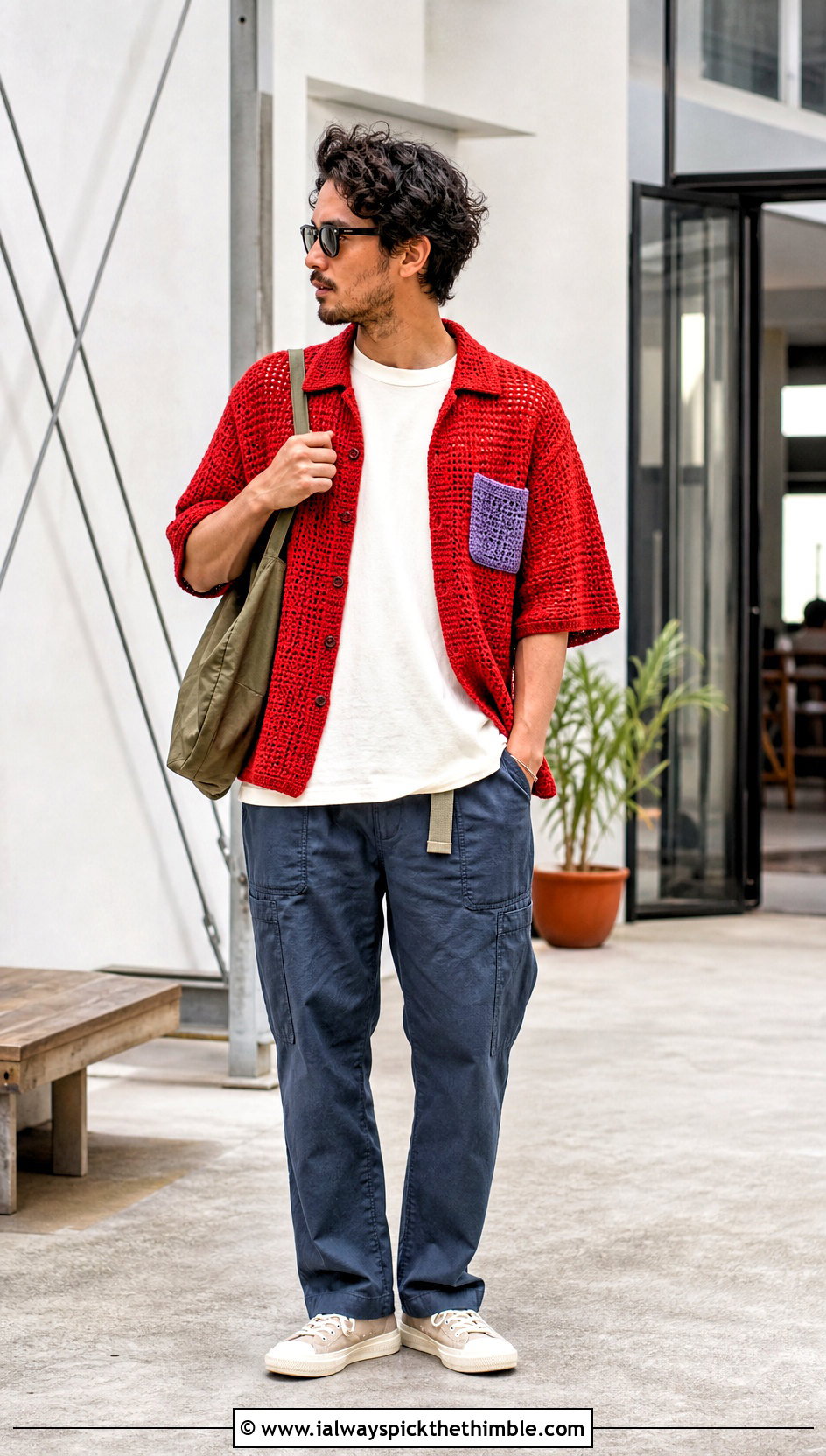 Crochet Pocket Shirt With Utility Trousers - 25 crochet male shirt outfit ideas