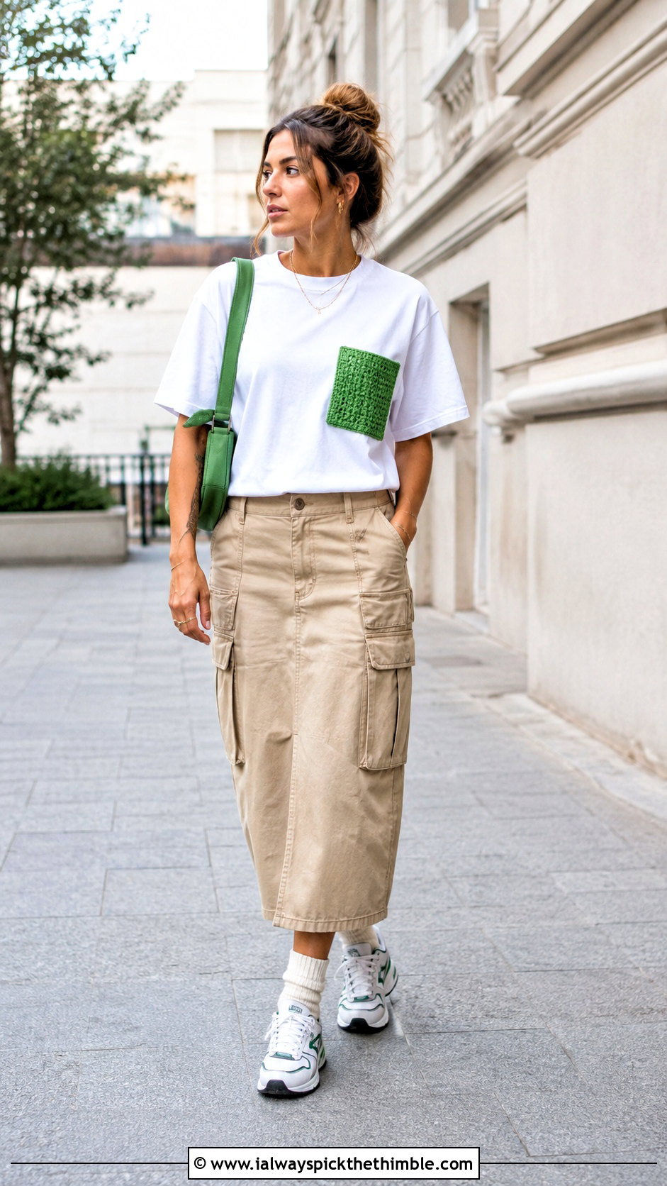 Crochet Pocket T Shirt With Cargo Midi Skirt - 20 crochet and fabric top outfit ideas