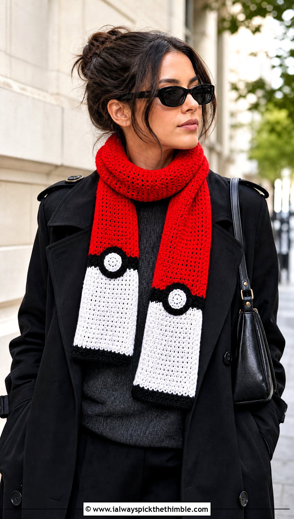 Crochet Poke Ball Striped Scarf With Black Trench Coat - 20 Crochet Pokemon Scarf outfit ideas