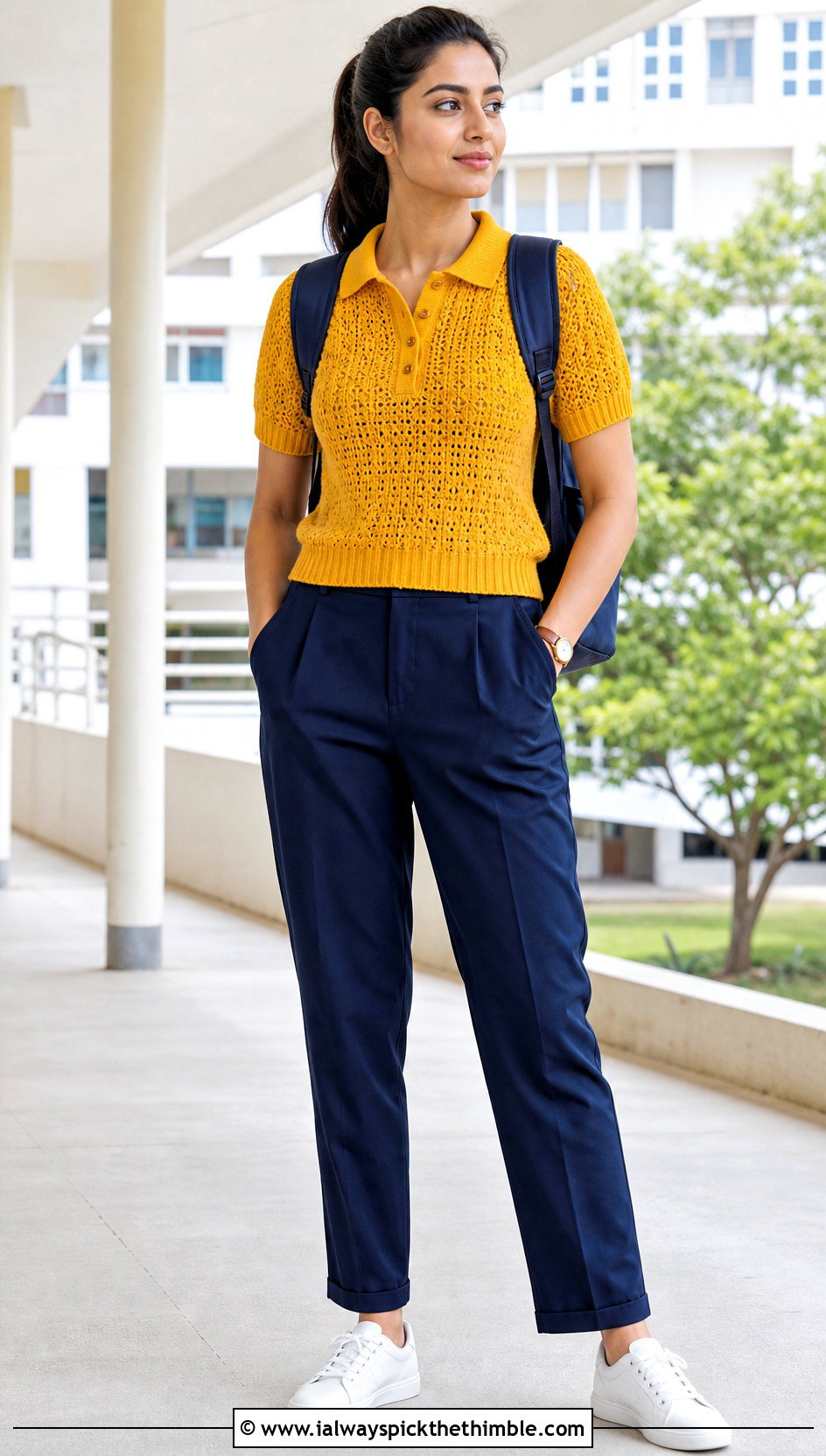 Crochet Polo Blouse With Pleated Trousers - 25 crochet blouse for women outfit ideas