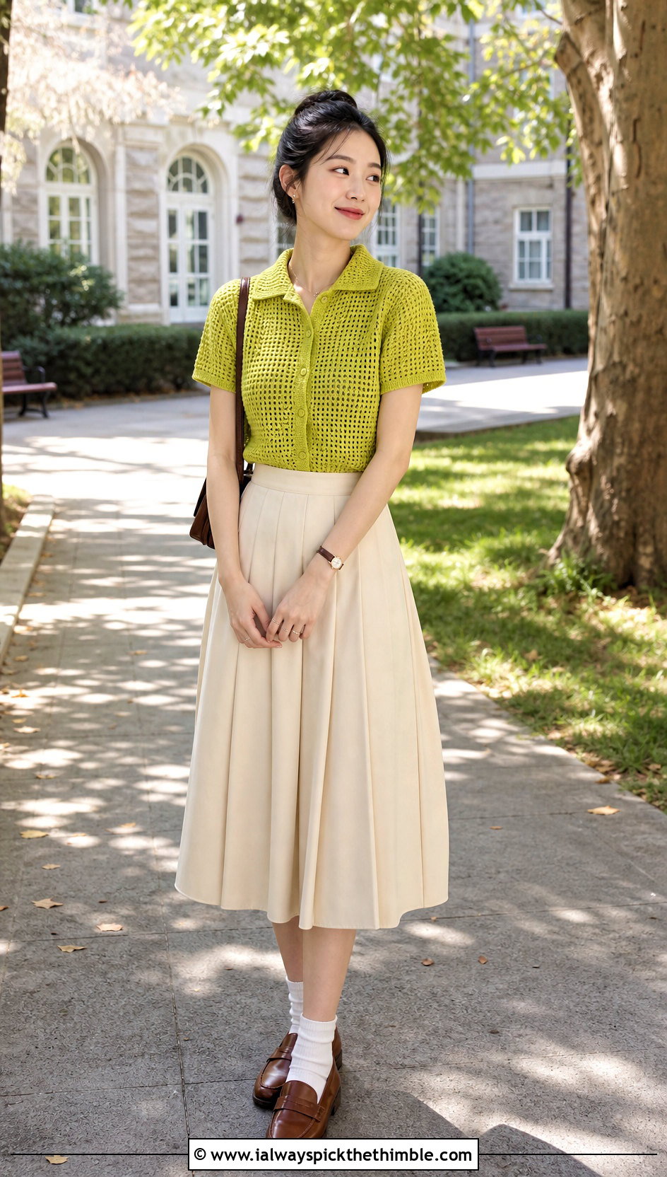 Crochet Polo Button Down Shirt With Pleated Skirt - 20 crochet button down shirt outfit ideas