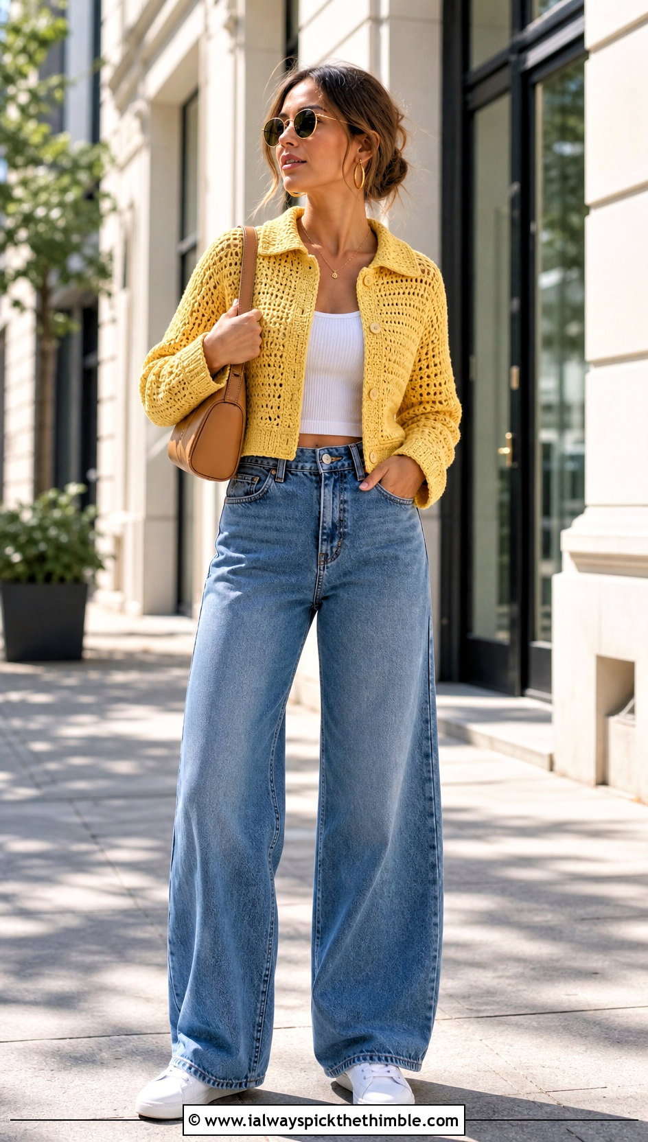 Crochet Polo Collar Jacket With Wide Leg Jeans - 20 Crochet Jacket With Collar outfit ideas