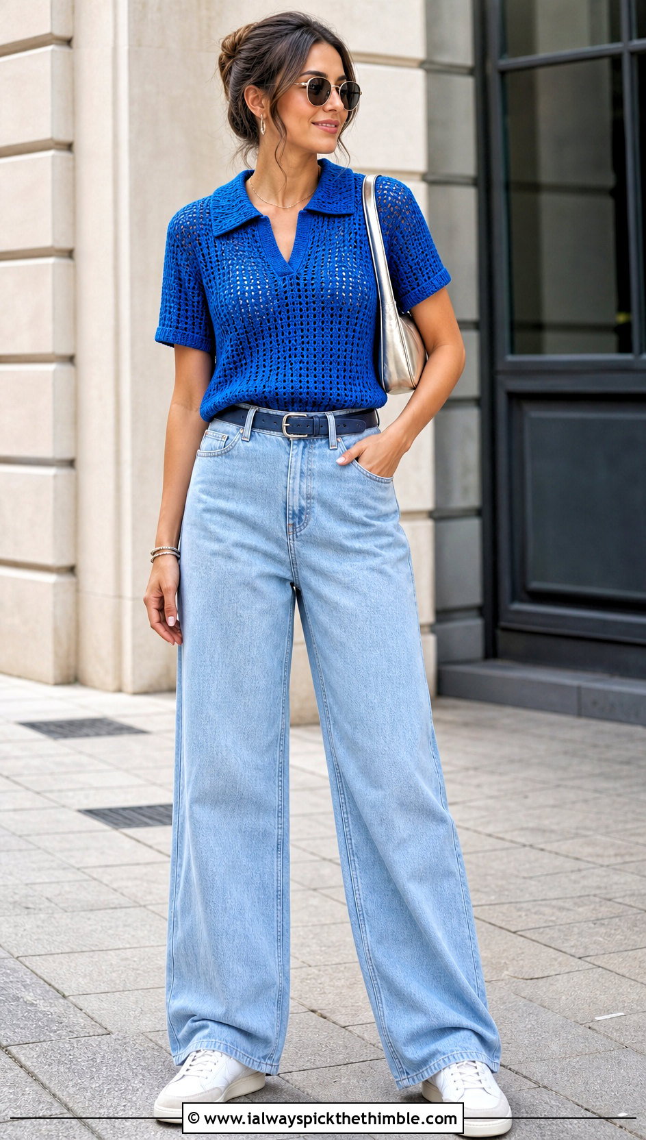 Crochet Polo Collar Top With Wide Leg Jeans - 20 Crochet Top With Collar outfit ideas