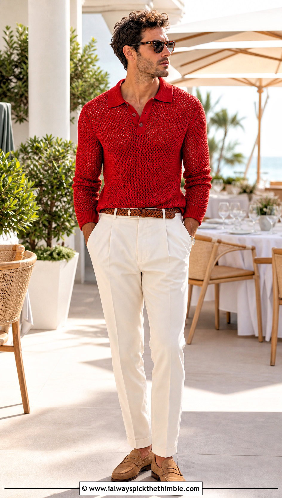 Crochet Polo Mens Sweater With Pleated Chinos - 25 mens crochet sweater outfit ideas