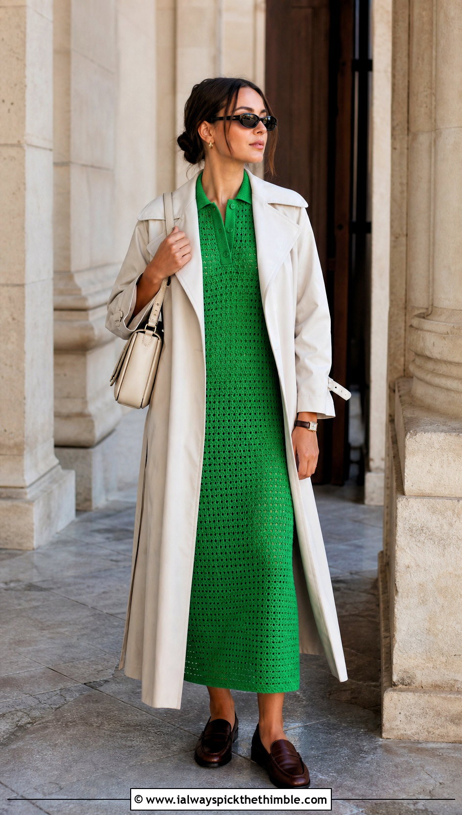 Crochet Polo Midi Dress With Loafers And Trench Coat - 20 crochet fancy dress outfit ideas