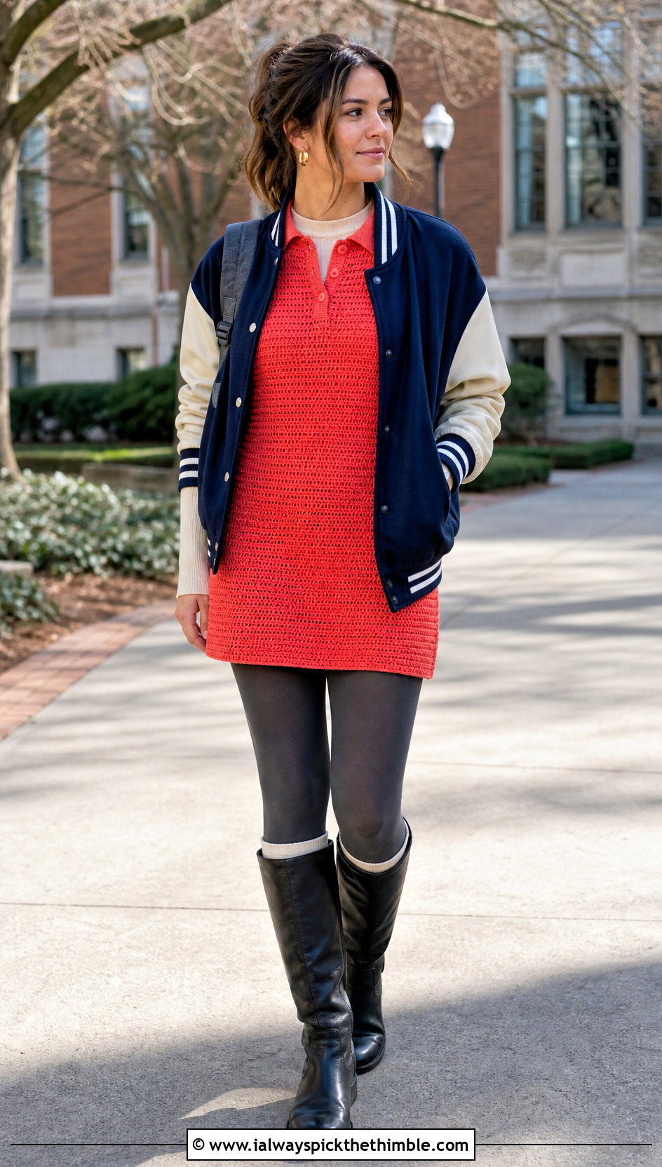 Crochet Polo Mini Dress With Varsity Jacket - 20 crochet dress for winter outfit ideas