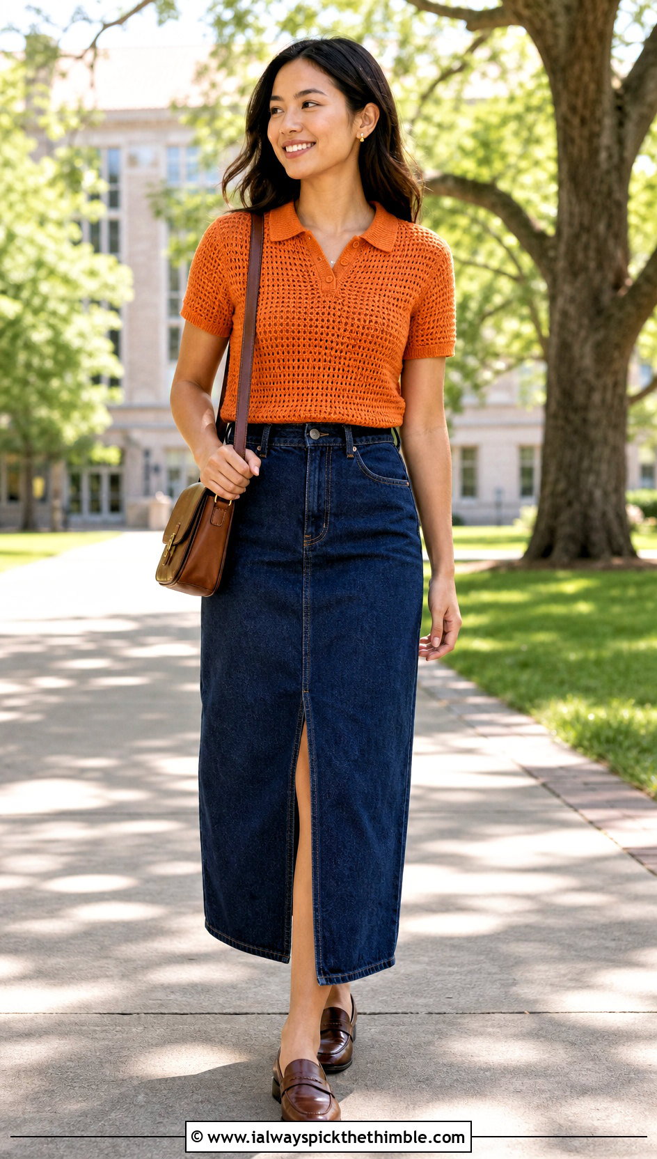 Crochet Polo Shirt With Denim Midi Skirt - 20 vintage crochet clothes and outfit ideas