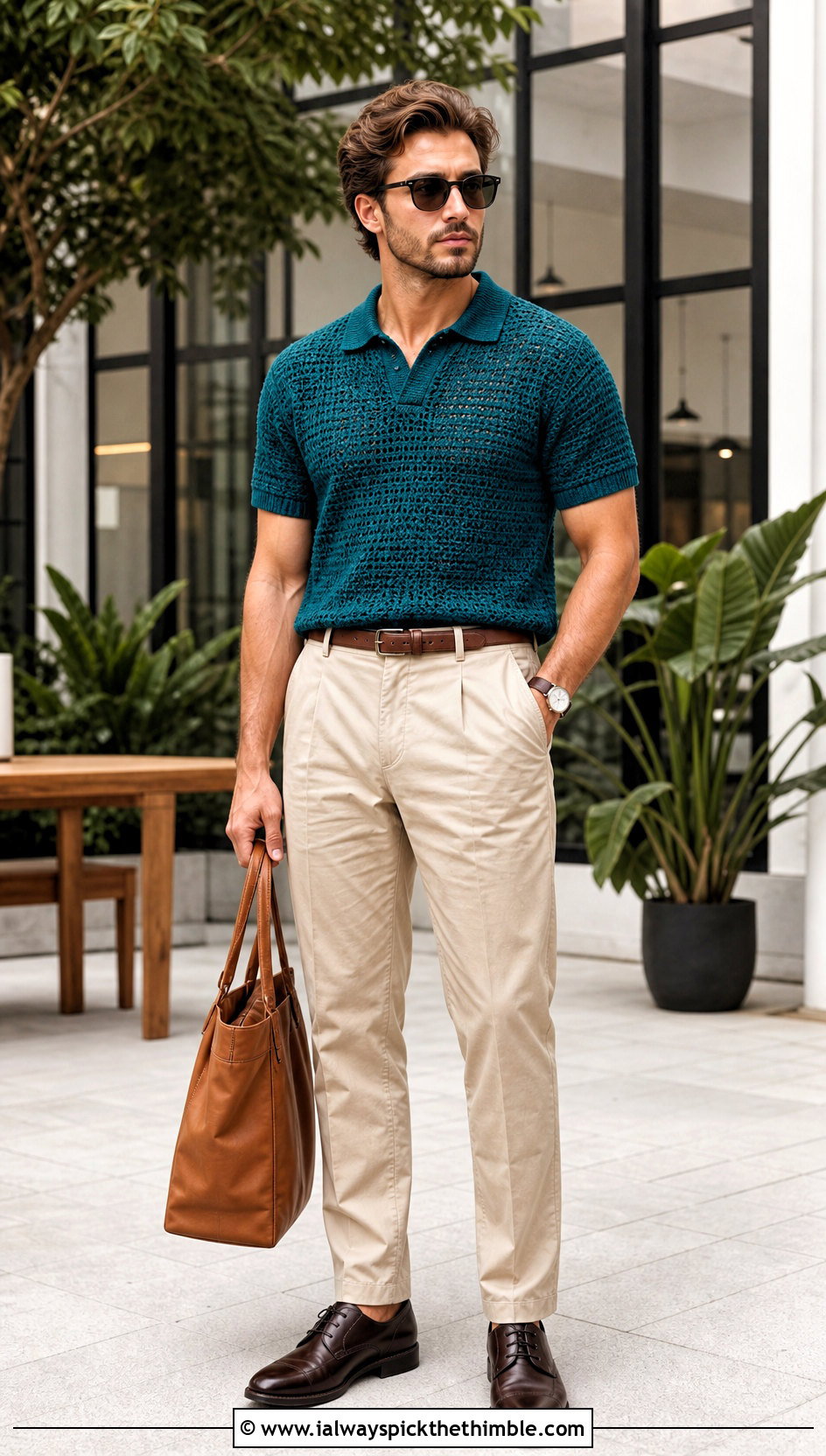 Crochet Polo Shirt With Pleated Chinos - 25 crochet man shirt outfit ideas