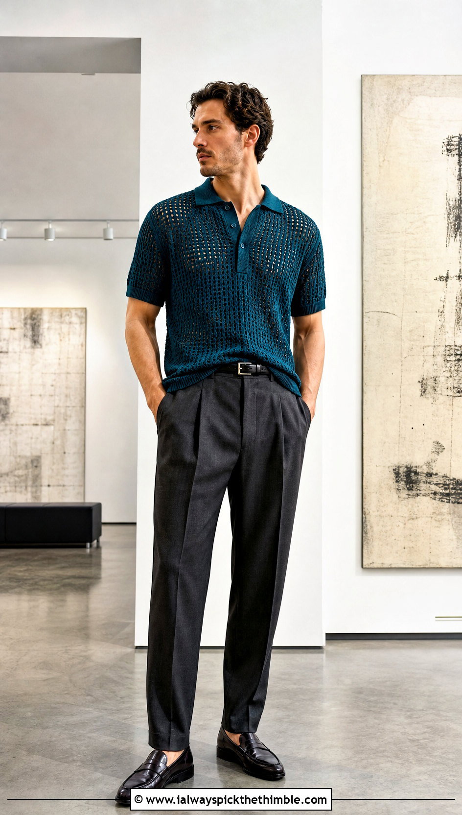Crochet Polo Shirt With Pleated Trousers - 25 crochet shirts for men outfit ideas