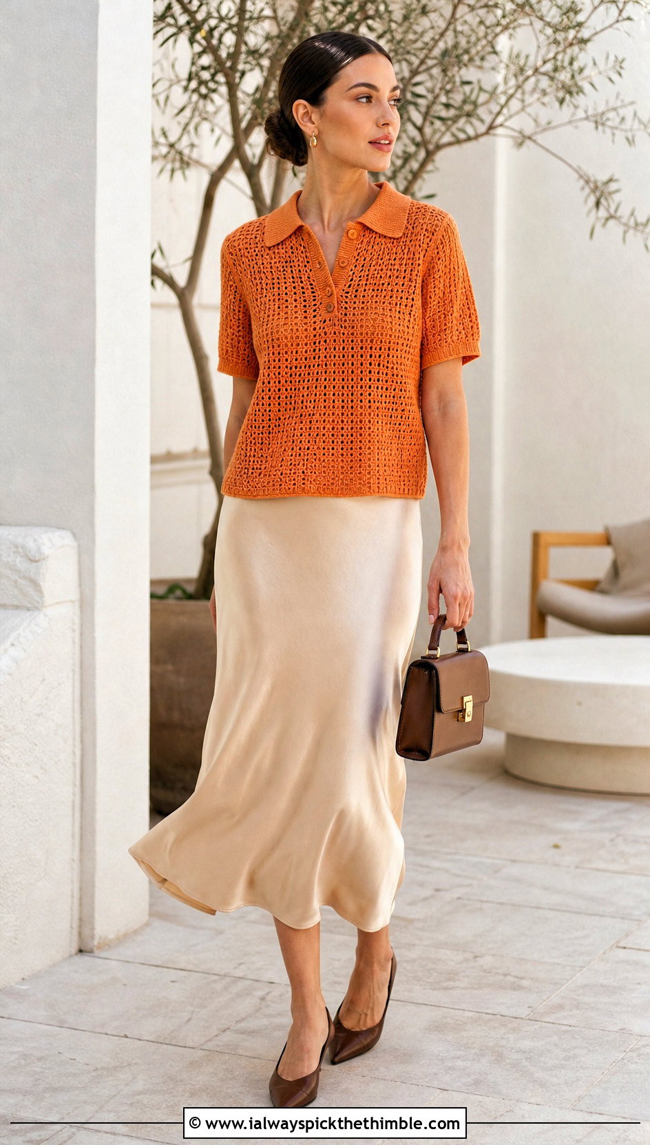 Crochet Polo Shirt With Satin Midi Skirt - 15 cute trendy crochet clothes and outfit ideas