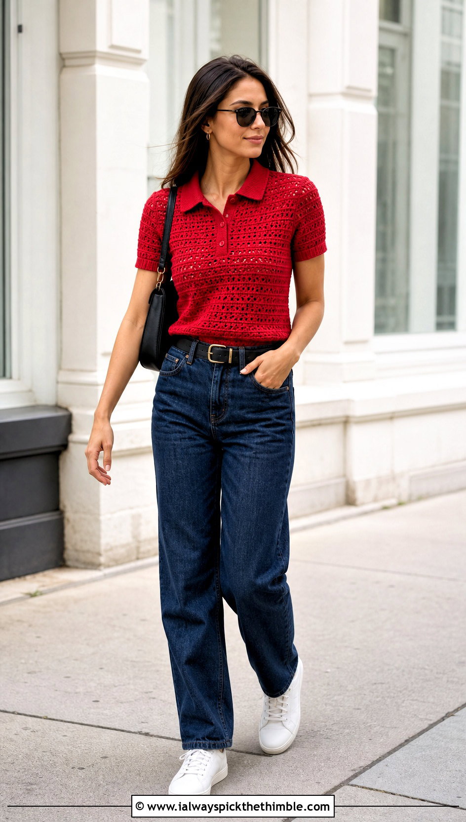 Crochet Polo Shirt With Straight Leg Jeans - 20 vintage crochet tops outfit ideas