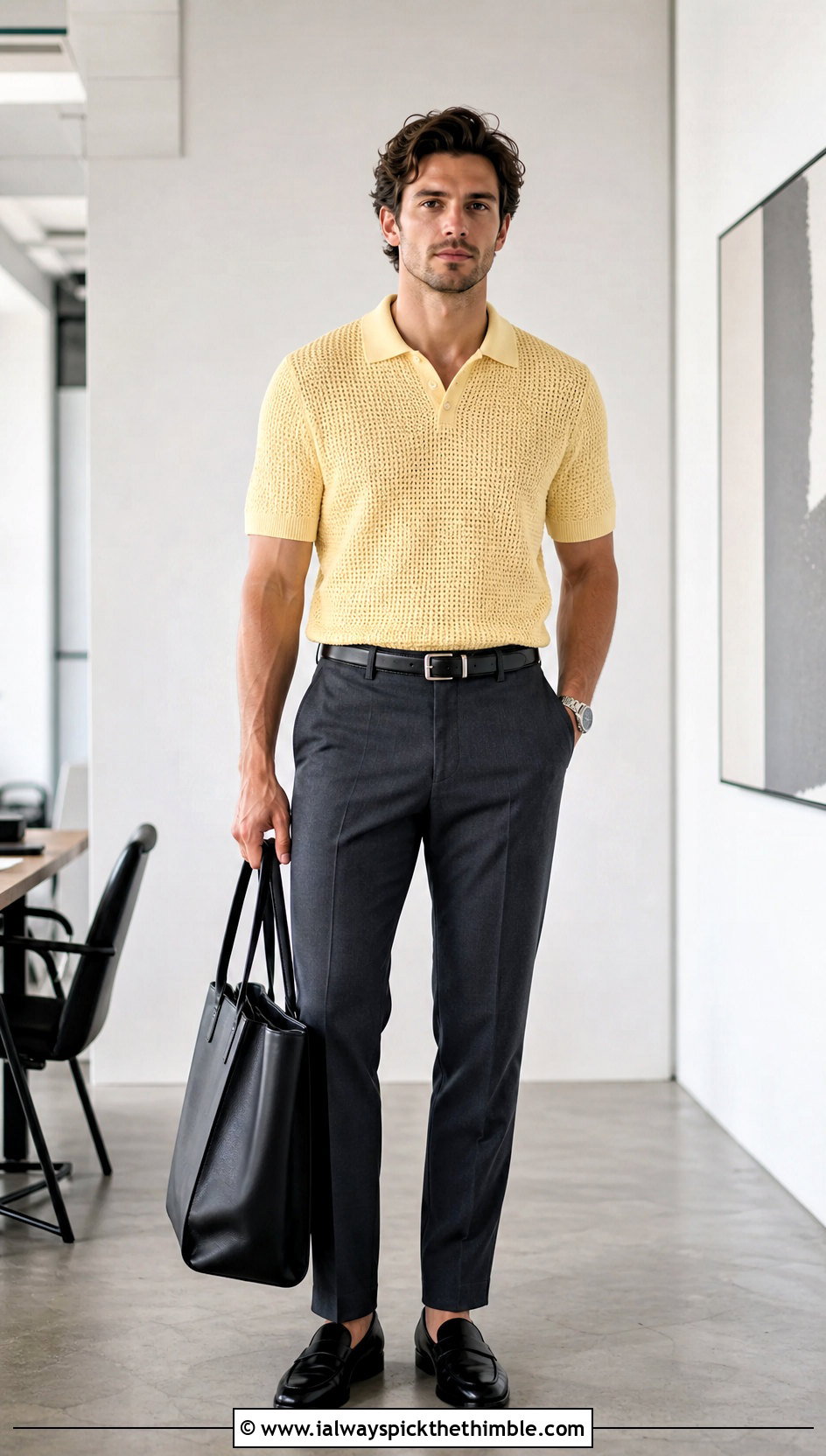 Crochet Polo Shirt With Tailored Pants - 15 men's crochet top outfit ideas