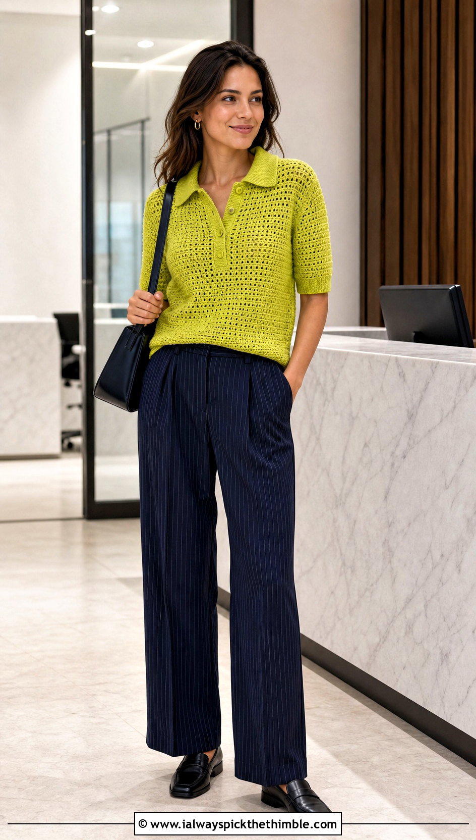 Crochet Polo Sweater With Pinstripe Pants - 20 90s crochet sweater outfit ideas